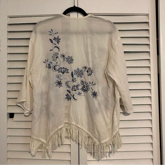 Hollister size small Boho Fringe Blue Floral Gauzy Lightweight Kimono Cardigan - Picture 6 of 8